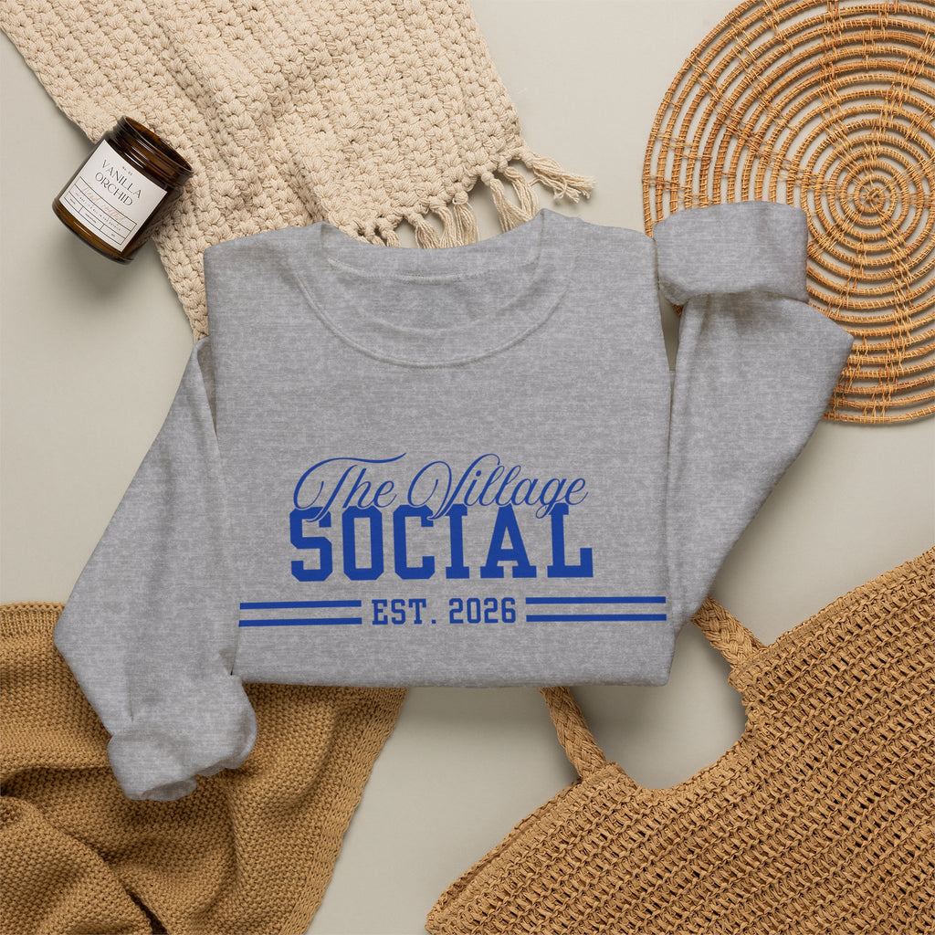 The Village Social Crewneck Sweatshirt — Est. 2026 Vintage Campus Pullover