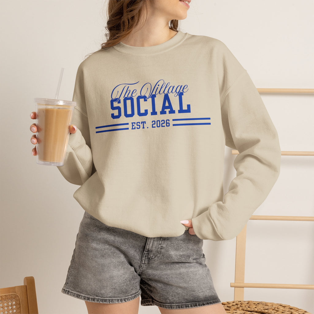 The Village Social Crewneck Sweatshirt — Est. 2026 Vintage Campus Pullover