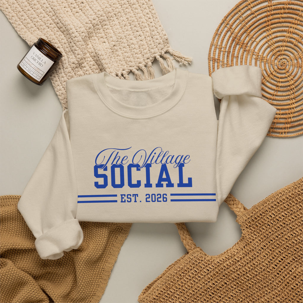 The Village Social Crewneck Sweatshirt — Est. 2026 Vintage Campus Pullover
