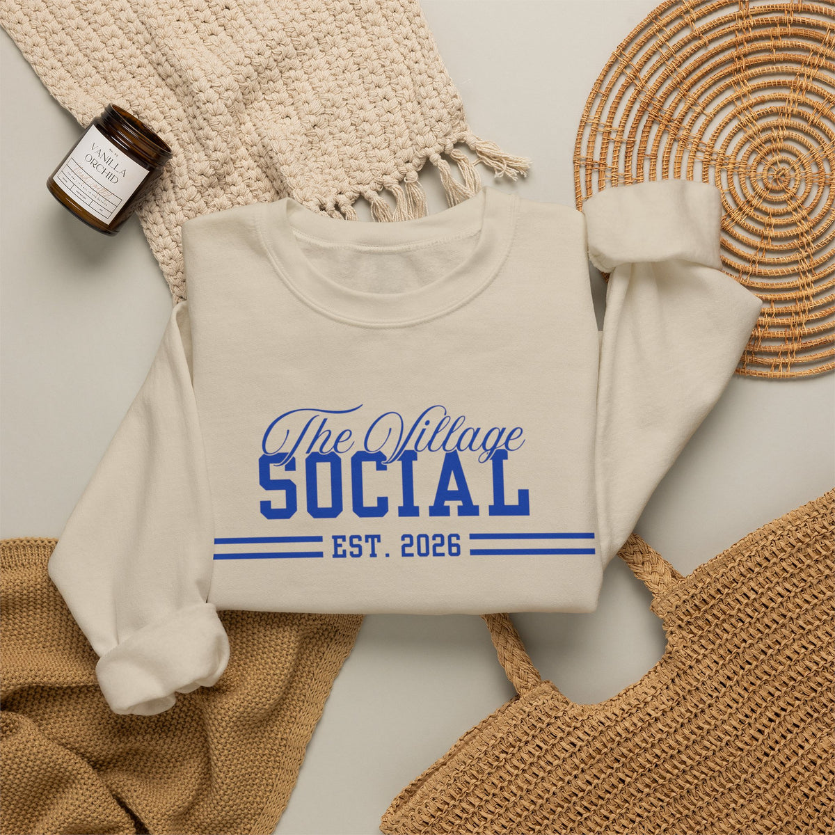 The Village Social Crewneck Sweatshirt — Est. 2026 Vintage Campus Pullover